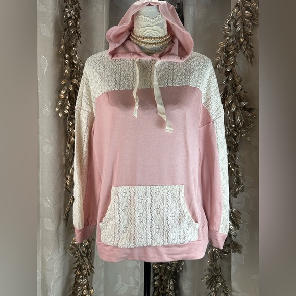Tops - Haptics Lace Hoodie Pink Small Feminine Chic Pullover Boho Crochet Spring Style